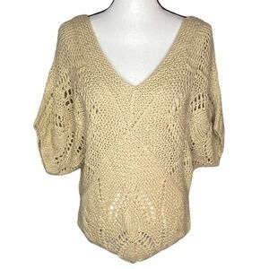 Forever 21‎ Sweater Tan Open Knit V Neck Short Slouchy Dolman Sleeve Top Size L